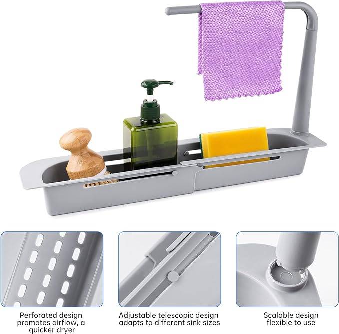 #04 NiHome Telescopic Kitchen Over Sink Organizer with Towel Hanger, Expandable Slim Drain Basket Multifunctional Caddy Adjustable Length Colander Rack Sponge Holder Storage Tray for Home Bathroom (Grey)