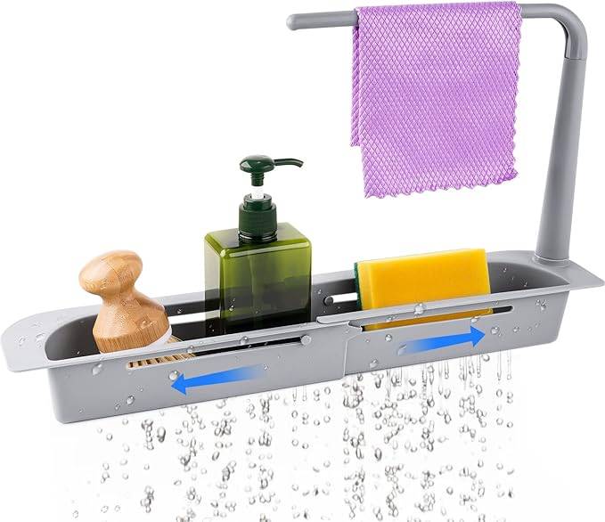 #04 NiHome Telescopic Kitchen Over Sink Organizer with Towel Hanger, Expandable Slim Drain Basket Multifunctional Caddy Adjustable Length Colander Rack Sponge Holder Storage Tray for Home Bathroom (Grey)