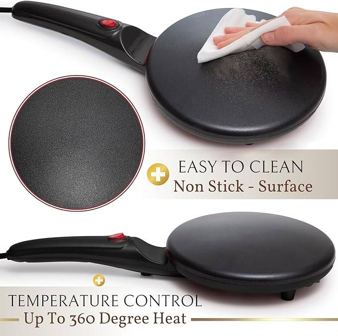 #08 Electric Crepe Maker With Auto Power Off, Portable Crepe Maker & Non-Stick Dipping Plate, On/Off Switch, Nonstick Coating & Automatic Temperature Control, Pan Apo