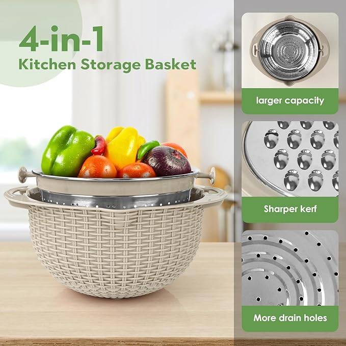 #05 Multifunctional Kitchen Colander Set，Kitchen Fruit and Vegetable Cleaner Colanders & Food Strainers，Rice Strainer,Vegetable Slicer,Kitchen washer and Spinner Bowl (Beige)