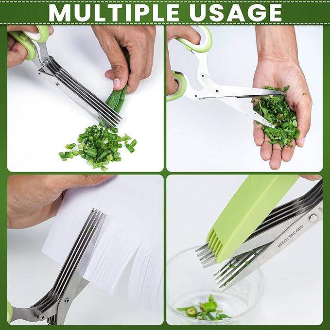 #01 Herb Cutter Scissors 5 Blade Scissors Kitchen Multipurpose Cutting Shear with 5 Stainless Steel Blades & Safety Cover & Cleaning Comb Cilantro Scissors Sharp Shredding Shears Herb Scissors Set (Green)