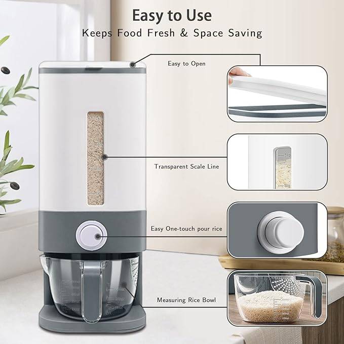 #14 Rice Dispenser, Large Cereal Dry Food Storage Containers with Measuring Cup,BPA-Free Household for Kitchen Pantry Organization-Grey
