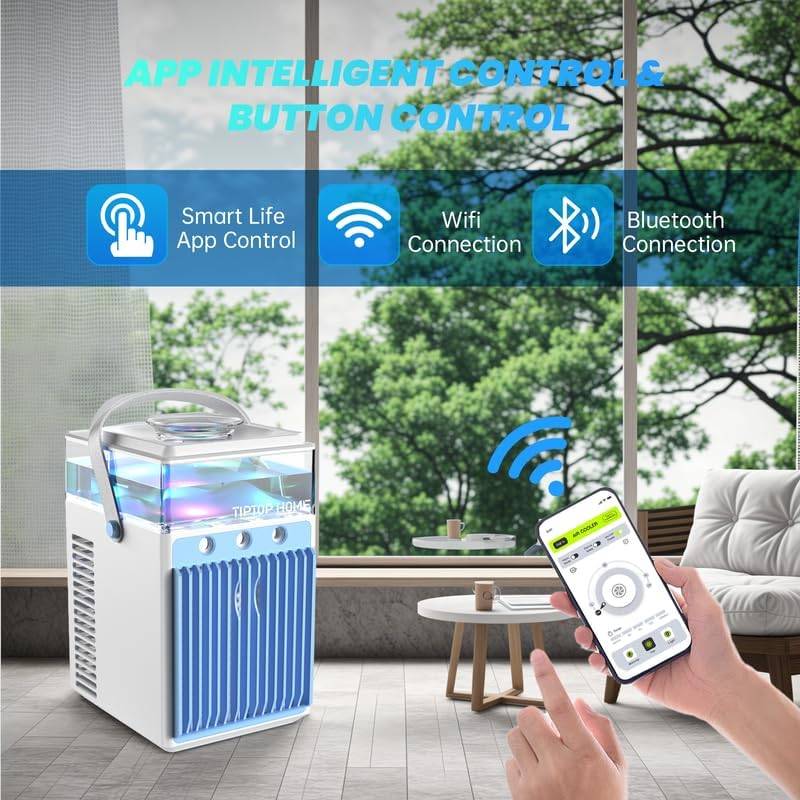 Portable Air Conditioner Fan, Rechargeable 4-IN-1 Personal Mini Cooler Humidifier, 3-Speed Evaporative Air Cooler with 7 Color Lights, Cordless AC Desktop Spray Fan, Quiet Desktop Cooling Fan