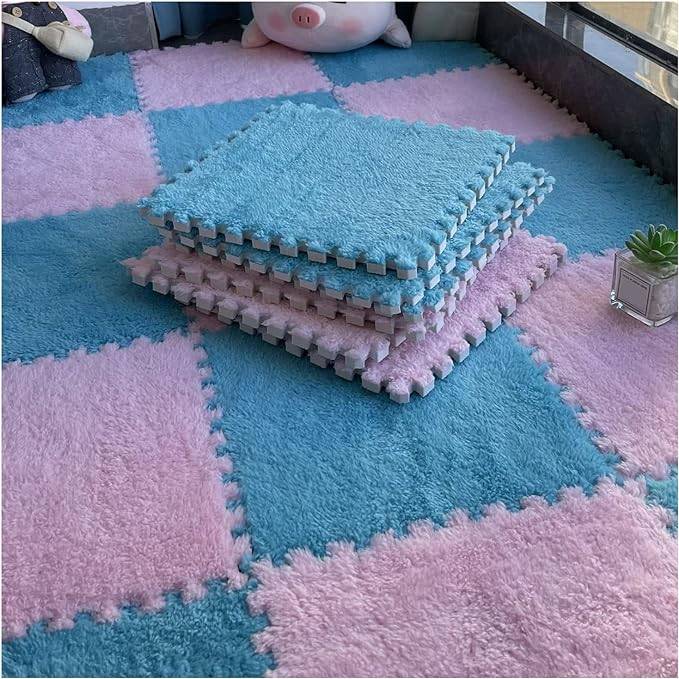 12pcs Interlocking Carpet Shaggy Soft EVA Foam Mats Fluffy Rugs Protective Floor Tiles Exercise Play Mats for Children Kids Room Home Parlor Bedroom(Blue)