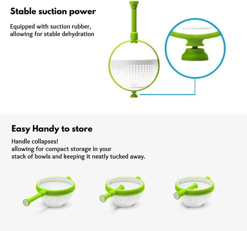 #15 Salad Spinner, Multi-Use Kitchen Collapsible Spinning Colander with Handle, Strainer, Washer Dryer Drainer Compact Storage, for Washing, Cleaning & Drying Greens, Vegetables, Fruits