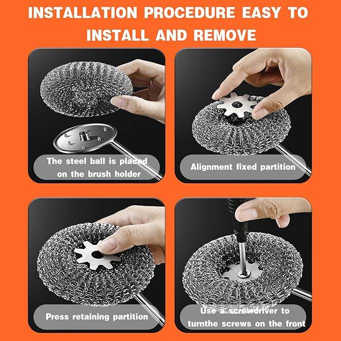 #20 Stainless Steel Scourer Scrub Set with Long Handle Brush+Steel Ball+Screwdriver Metal Scouring Pad Removes Grease, Oil and Dirt Stains from Pots, Dishes and Bakeware (B)