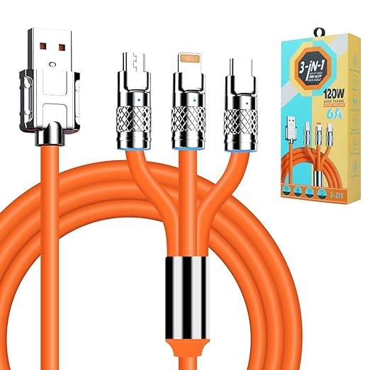 #11 Multi Charging Cable, 4FT 3 in 1 Multi Charger Cable Thicker Silicone Universal USB Cable 120W Multiple Fast Charging Cord with Type-C, Micro USB and IP Port, Compatible with Most Phones & Tablets