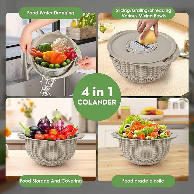 #05 Multifunctional Kitchen Colander Set，Kitchen Fruit and Vegetable Cleaner Colanders & Food Strainers，Rice Strainer,Vegetable Slicer,Kitchen washer and Spinner Bowl (Beige)