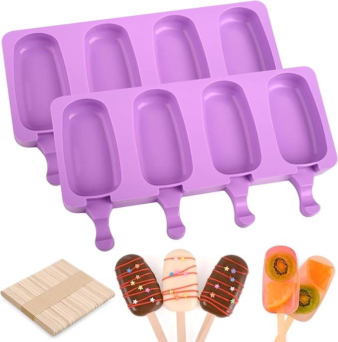 #10 Popsicle Silicone Molds Set, 2 PCS Ice Cream Molds with 50 Wooden Sticks for Cake Pop, Ice Pop, Cakesicles (Standard Size/Purple)