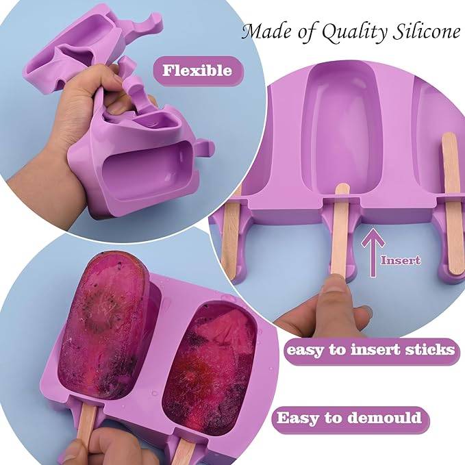 #10 Popsicle Silicone Molds Set, 2 PCS Ice Cream Molds with 50 Wooden Sticks for Cake Pop, Ice Pop, Cakesicles (Standard Size/Purple)