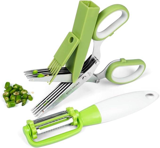#01 KitchShears Herb Scissors with 5 Blades and Cover - Premium Quality Stainless-Steel Herb Cutter for Kitchen & Garden Herbs - With safety Cover Cleaning Comb & Peeler - Dishwasher Safe & Easy to Clean