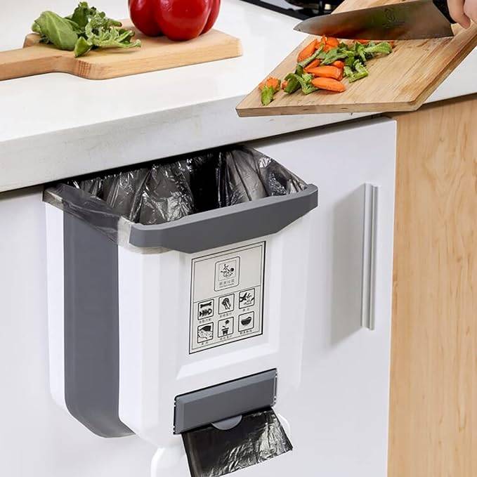 #16 Hanging Kitchen Trash Can, Foldable Waste Bin for Kitchen, Collapsible Hang Small Plastic Garbage Can 2.4 Gallon for Cabinet/Car/Bedroom/Bathroom (White)