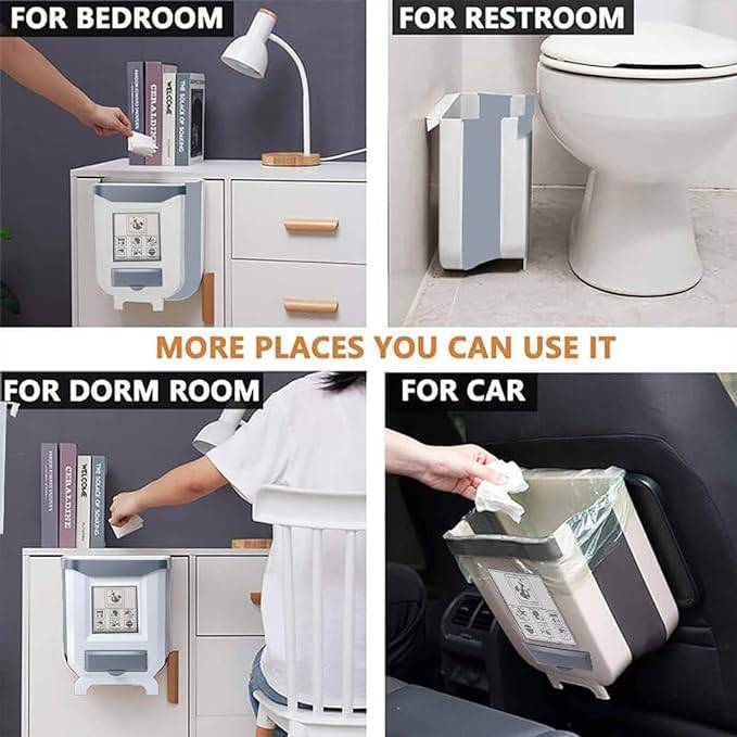 #16 Hanging Kitchen Trash Can, Foldable Waste Bin for Kitchen, Collapsible Hang Small Plastic Garbage Can 2.4 Gallon for Cabinet/Car/Bedroom/Bathroom (White)