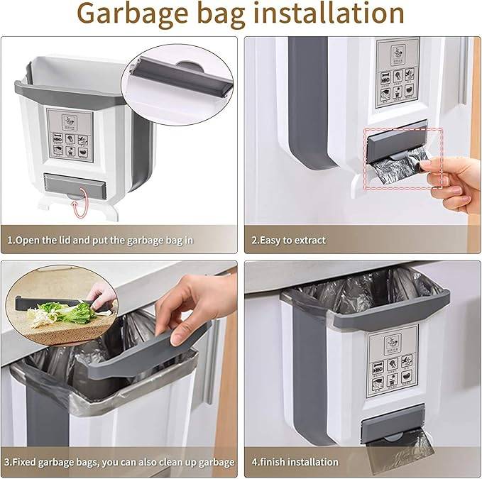 #16 Hanging Kitchen Trash Can, Foldable Waste Bin for Kitchen, Collapsible Hang Small Plastic Garbage Can 2.4 Gallon for Cabinet/Car/Bedroom/Bathroom (White)