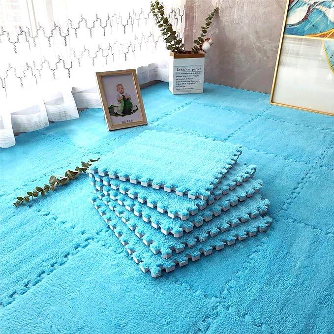 12pcs Interlocking Carpet Shaggy Soft EVA Foam Mats Fluffy Rugs Protective Floor Tiles Exercise Play Mats for Children Kids Room Home Parlor Bedroom(Blue)