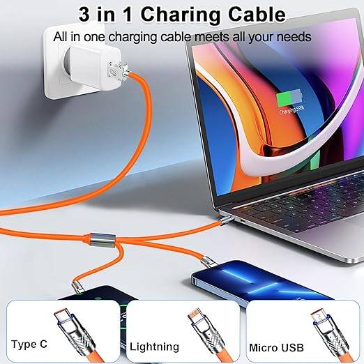 #11 Multi Charging Cable, 4FT 3 in 1 Multi Charger Cable Thicker Silicone Universal USB Cable 120W Multiple Fast Charging Cord with Type-C, Micro USB and IP Port, Compatible with Most Phones & Tablets