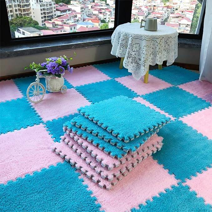 12pcs Interlocking Carpet Shaggy Soft EVA Foam Mats Fluffy Rugs Protective Floor Tiles Exercise Play Mats for Children Kids Room Home Parlor Bedroom(Blue)