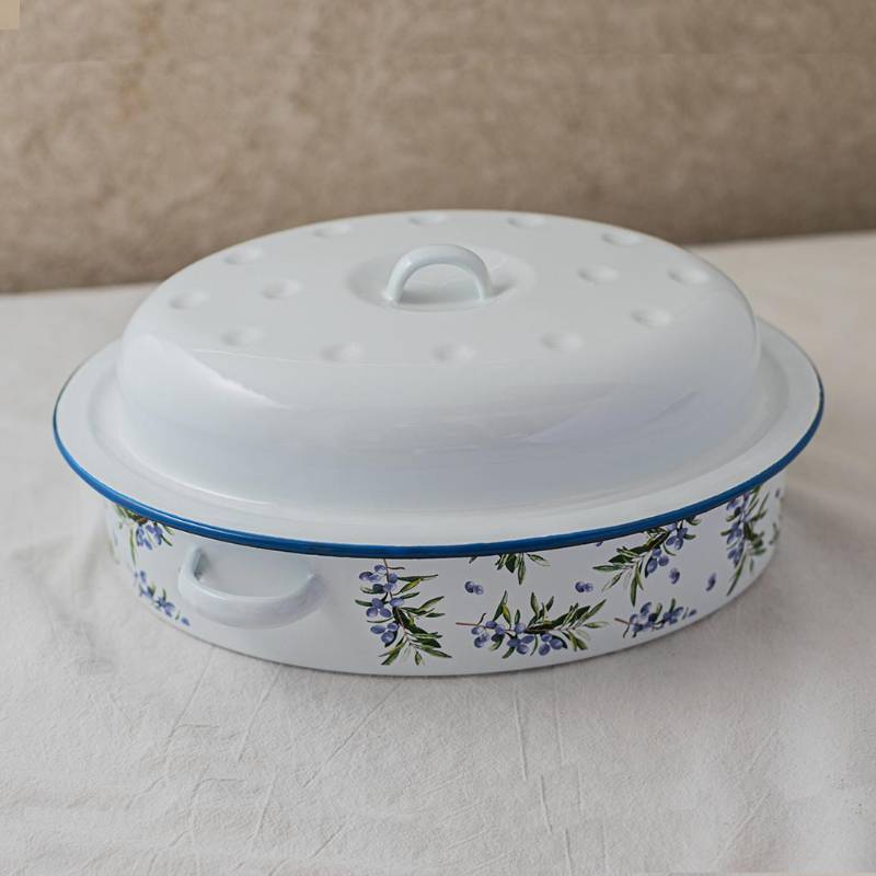 Oval Tray with lid and handles Olive and Flowers BA