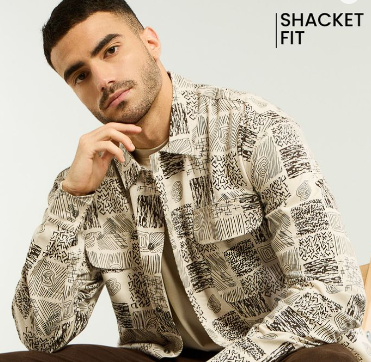 Brown and Beige Cotton Print Shacket