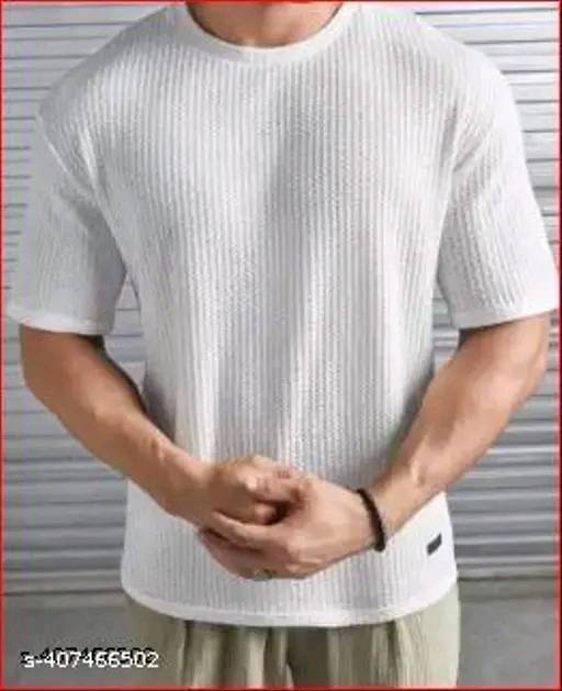 Men Striped Round Neck Cotton Blend Blend Popcorn T-Shirts Round Neck White Colour T-Shirt