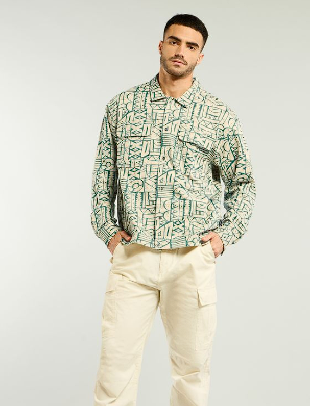 Sea Green and Beige Abstract Print Shacket