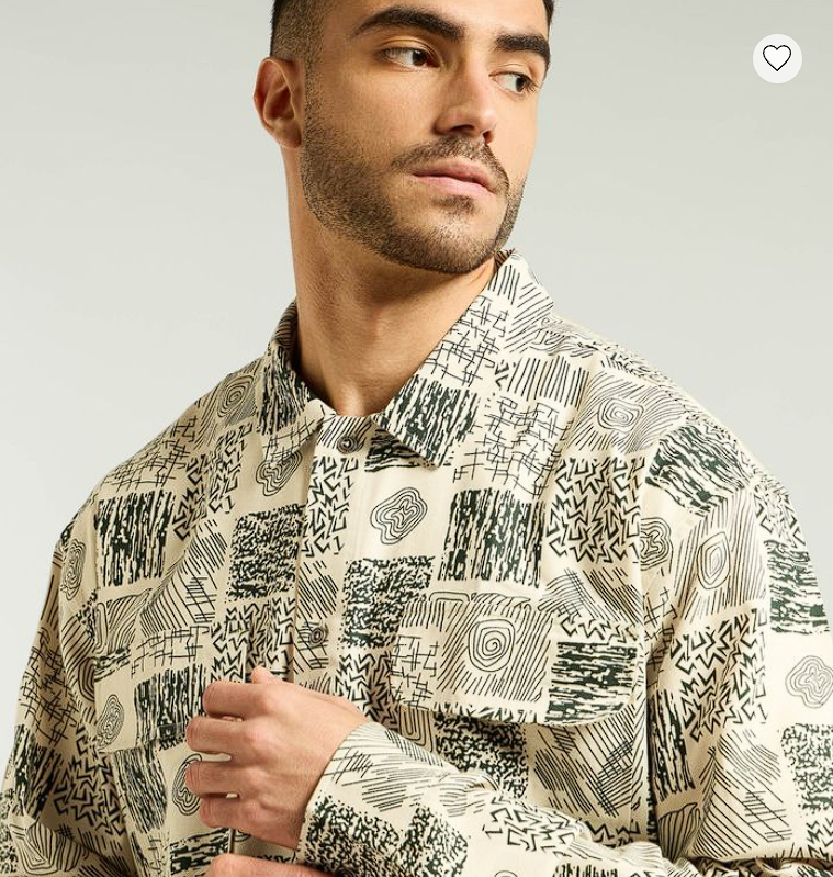 Dark Green and Beige Cotton Print Shacket