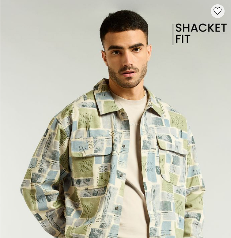 Dark Green and Beige Cotton Print Shacket