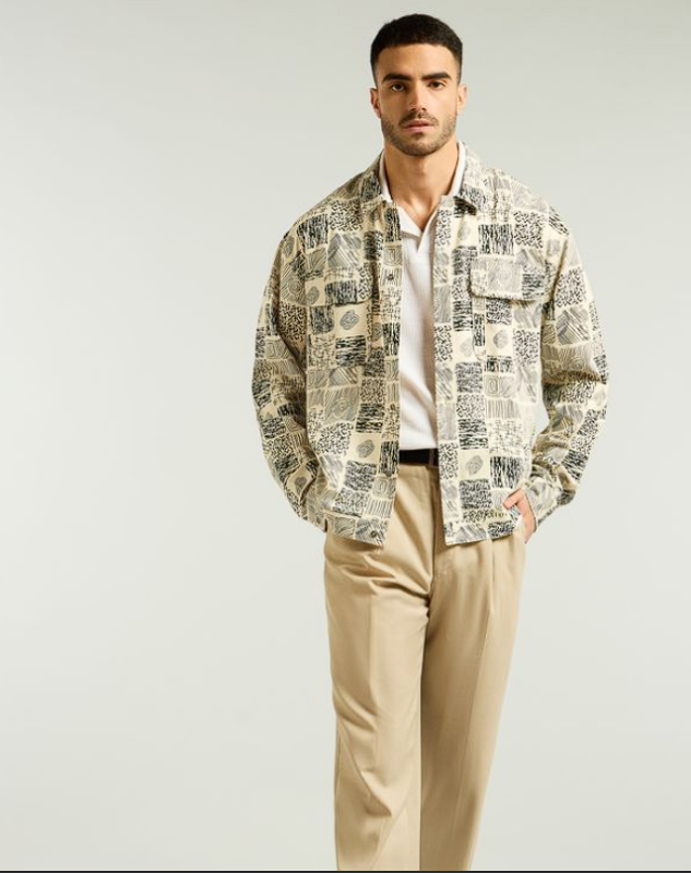 Dark Green and Beige Cotton Print Shacket