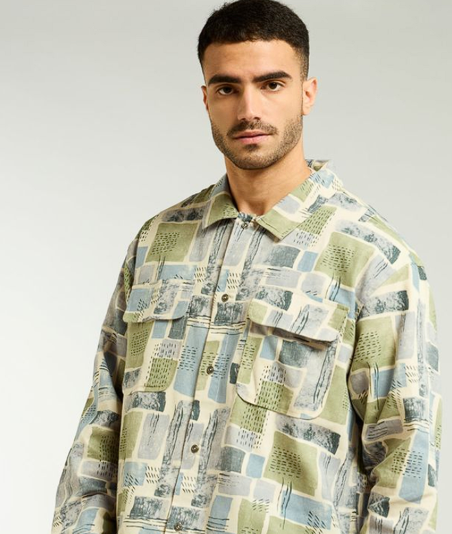 Green and Beige Cotton Abstract Shacket 1