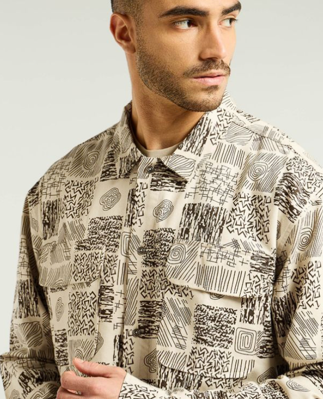 Brown and Beige Cotton Print Shacket