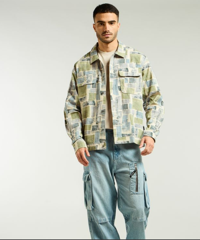 Green and Beige Cotton Abstract Shacket 1