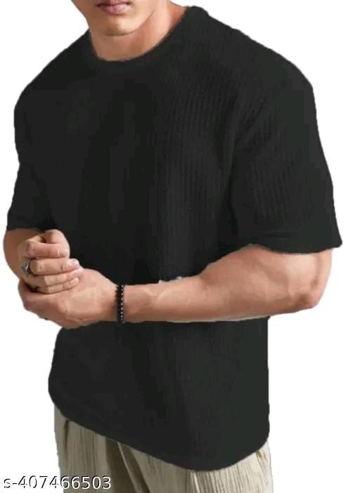 Men Striped Round Neck Cotton Blend Blend Popcorn T-Shirts Round Neck Black Colour T-Shirt