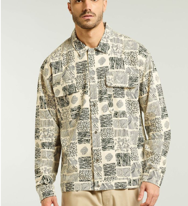 Dark Green and Beige Cotton Print Shacket