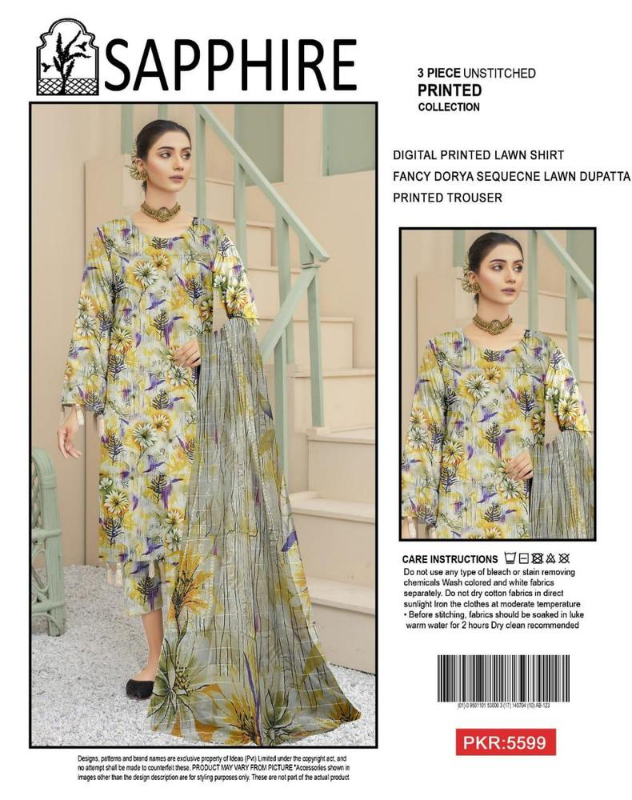 3 Pcs Women's Unstitched Lawn Printed Suit - multicolour