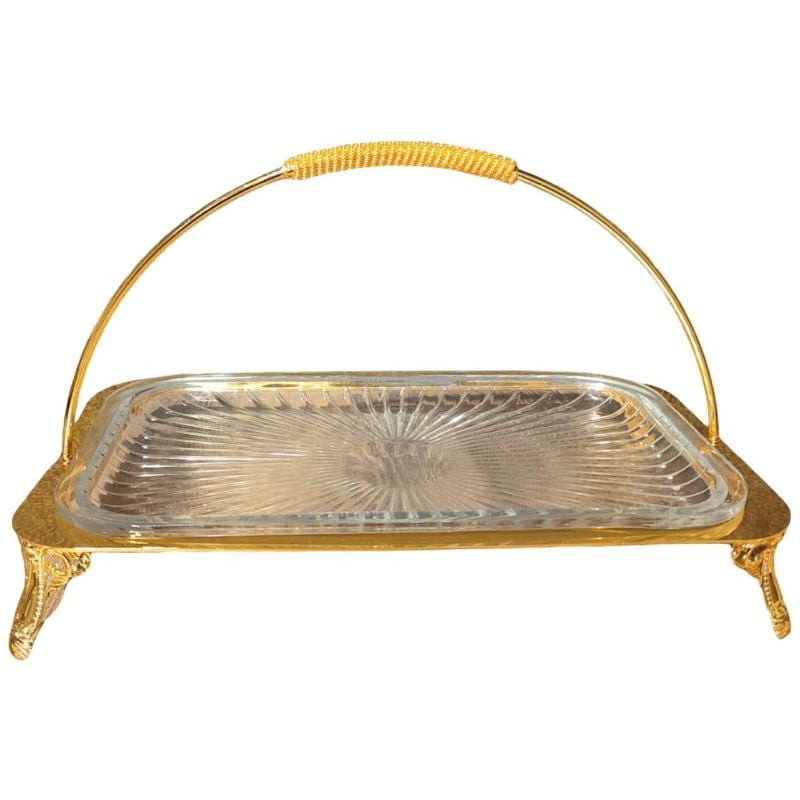 (TPM-1610) L Glass & Gold-Toned Serving Tray With H