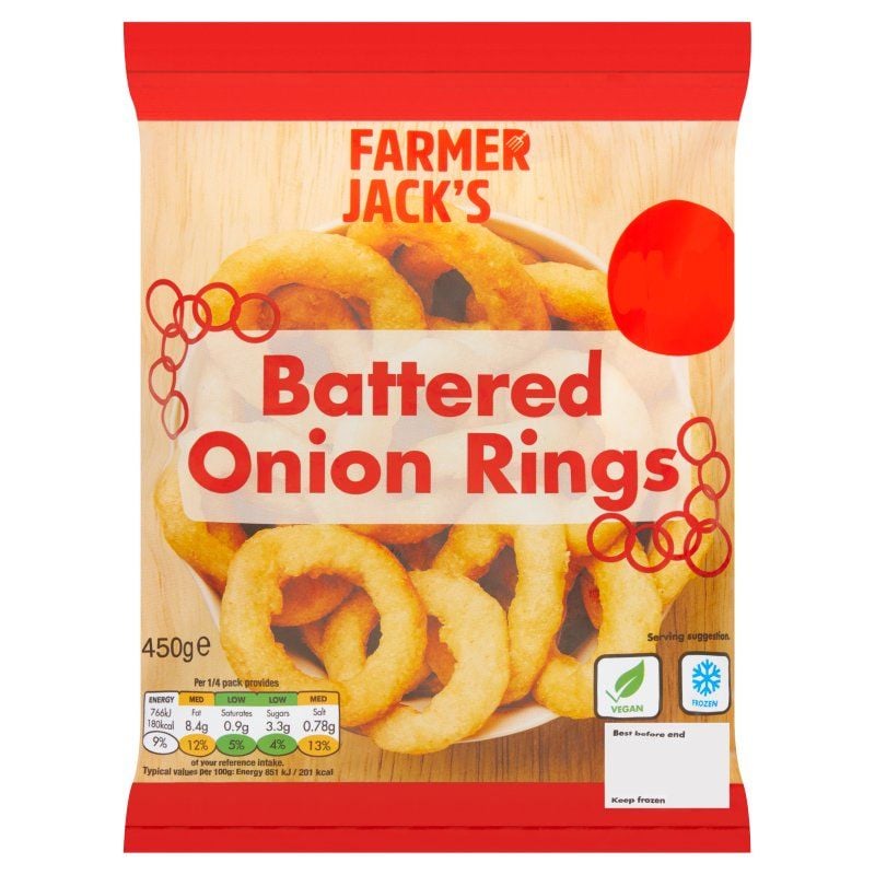 3102-Farmer Jack's Battered Onion Rings 450g (8 Pack) Price Marked £1.79