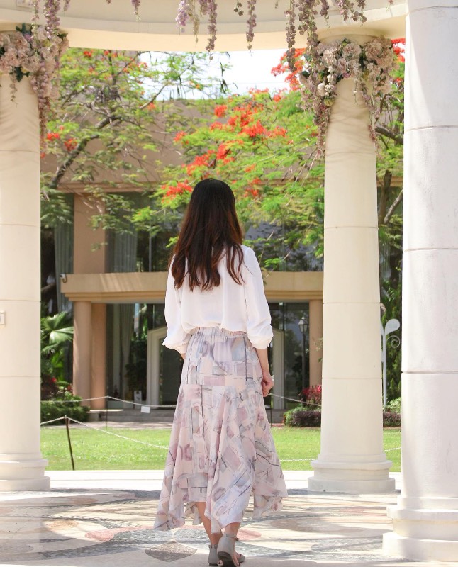 灰粉紫印花不規則傘裙