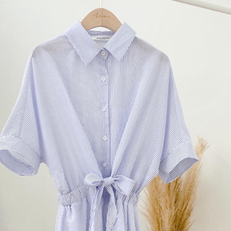 條子企領綁帶連身裙