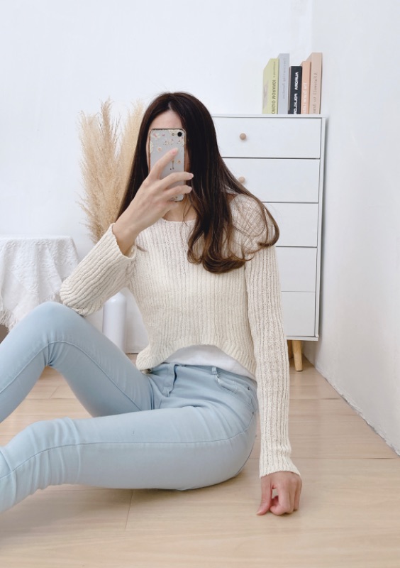 倒U透花針織短上衣