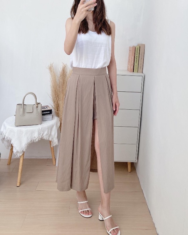 棉麻開叉長裙褲