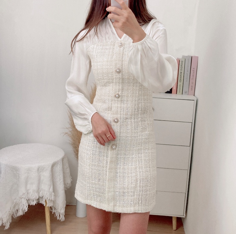 優雅併線珠光連身裙