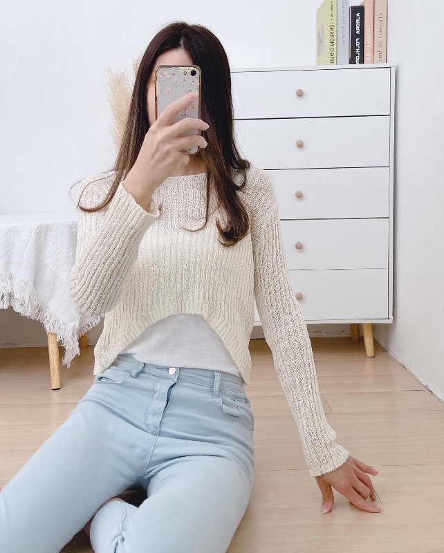 倒U透花針織短上衣