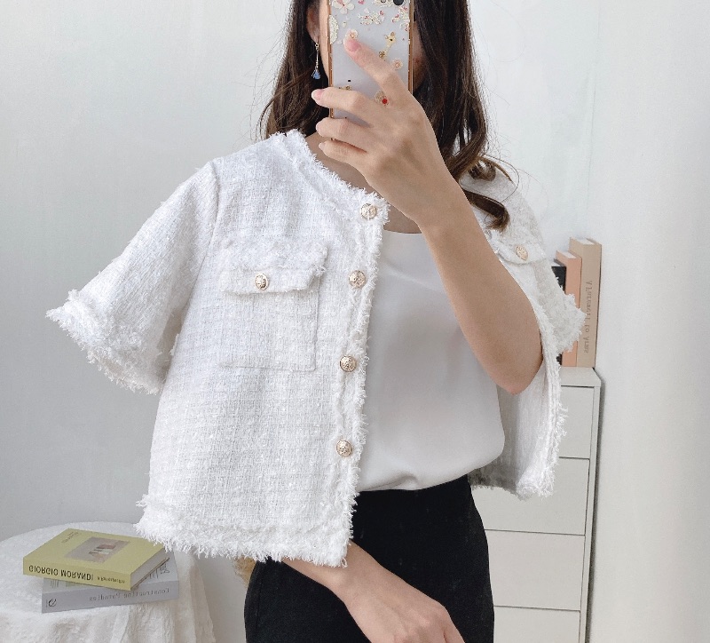 小香風玫瑰金鈕磨邊外套