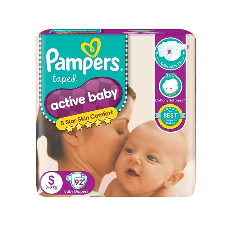 Pampers Active baby Tape Style Baby Diapers, Small (S), 92 Count