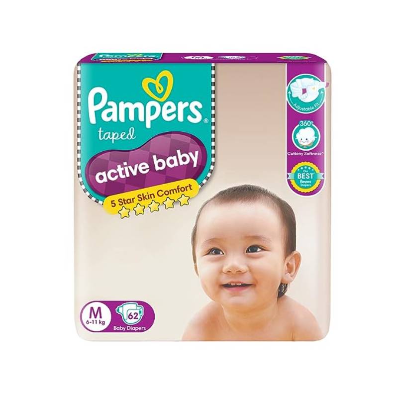 Pampers Active baby Tape Style Baby Diapers, Medium (M) Size, 62 Count,