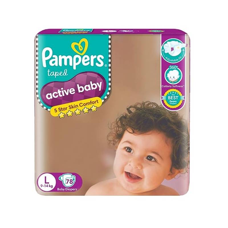 Pampers Active baby Tape Style Baby Diapers, Large (L) Size, 78 Count