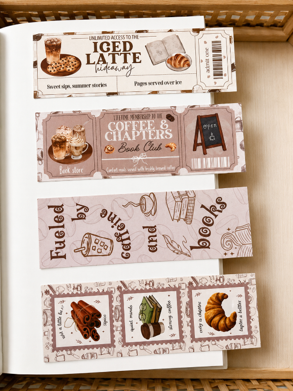 Lot de 4 mini marque-pages. Thème : coffee shop