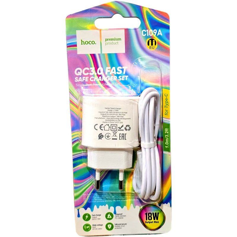Мережевий зарядний пристрій блок HOCO C109A QC3.0 USB Type-C 18W Білий з дисплеєм