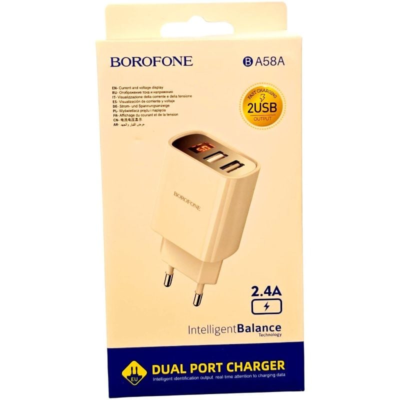 Мережевий зарядний пристрій блок Borofone BA58A 2 USB з дисплеєм