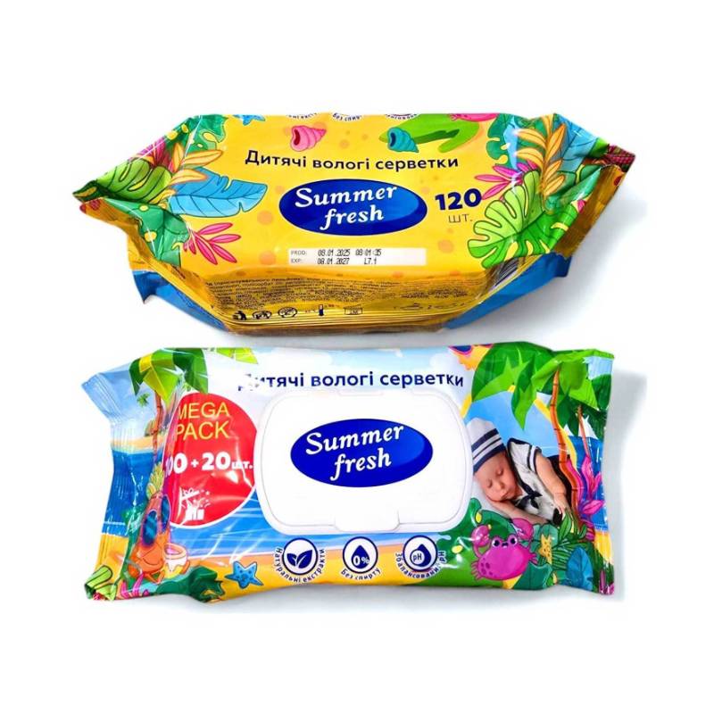Серветки вологі дитячі Summer Fresh (120шт/уп) Антибактеріальні екологічні